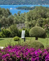 Un jardín ajardinado con arbustos perfectamente recortados, un topio esférico y flores moradas vibrantes en primer plano.