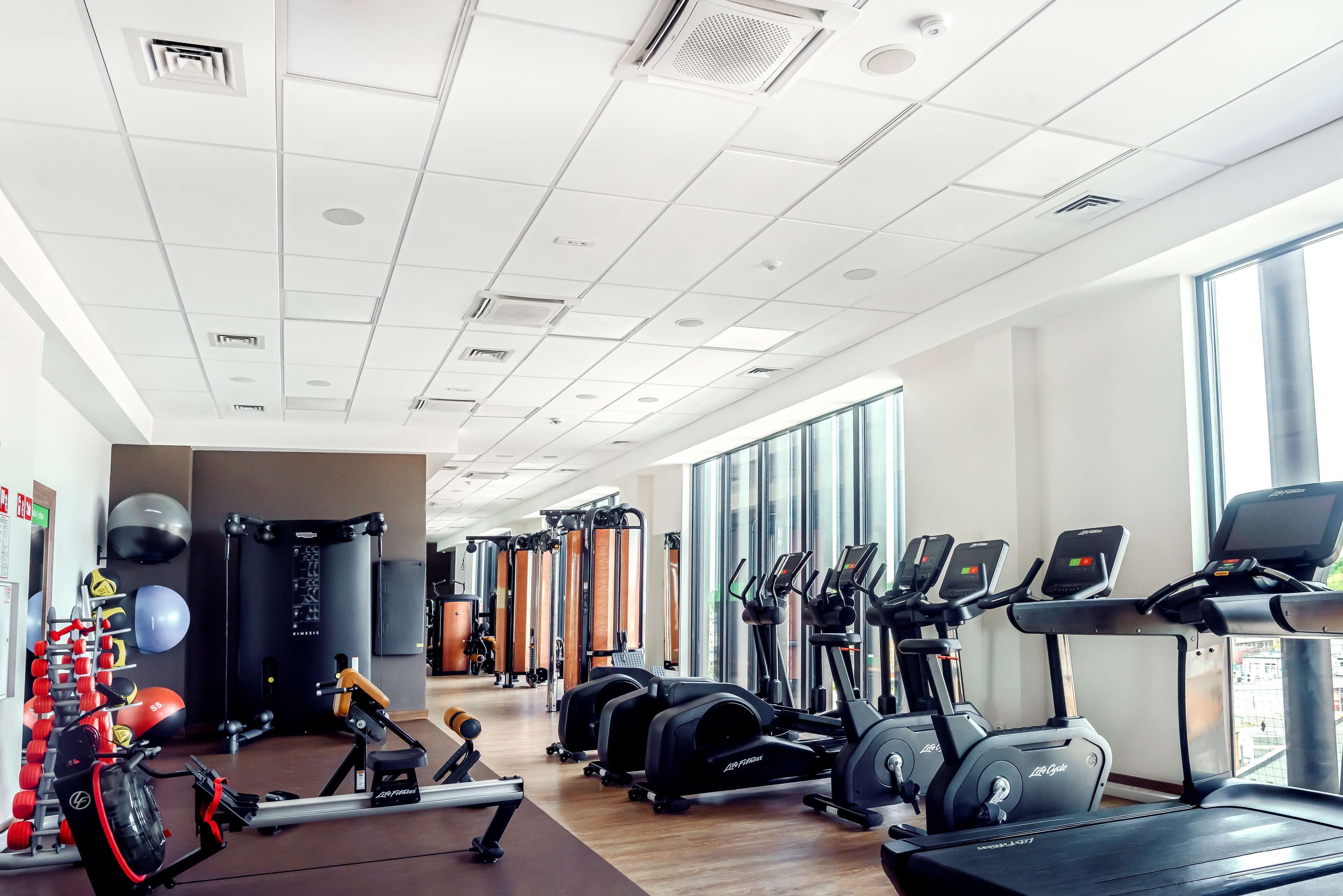 Un gimnasio con máquinas de cardio, equipo de levantamiento de pesas y pelotas de ejercicio.