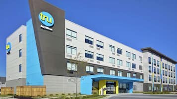 Contemporary hotel with a clean, geometric design and a prominent entrance area.