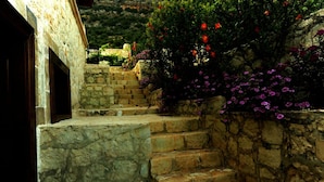 A stone staircase leading up to a building with a stone wall and flowering plants. - Likya Yolu Palas (Demre)