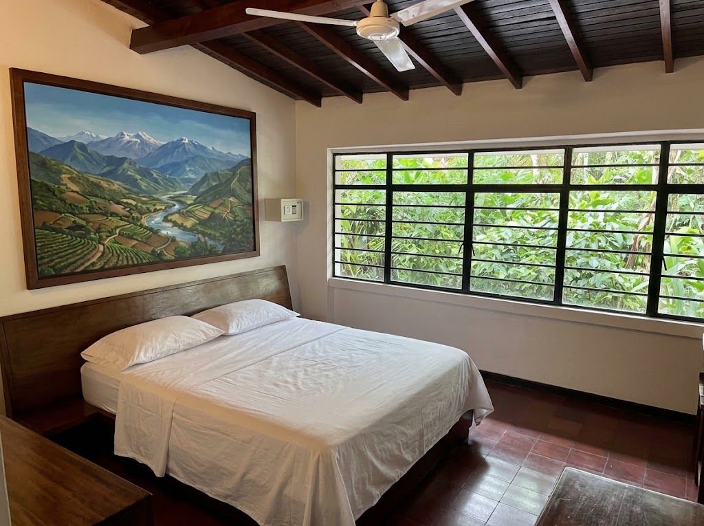 A hotel room with a bed, a ceiling fan, a large window with a view of greenery, and a painting of a mountainous landscape.