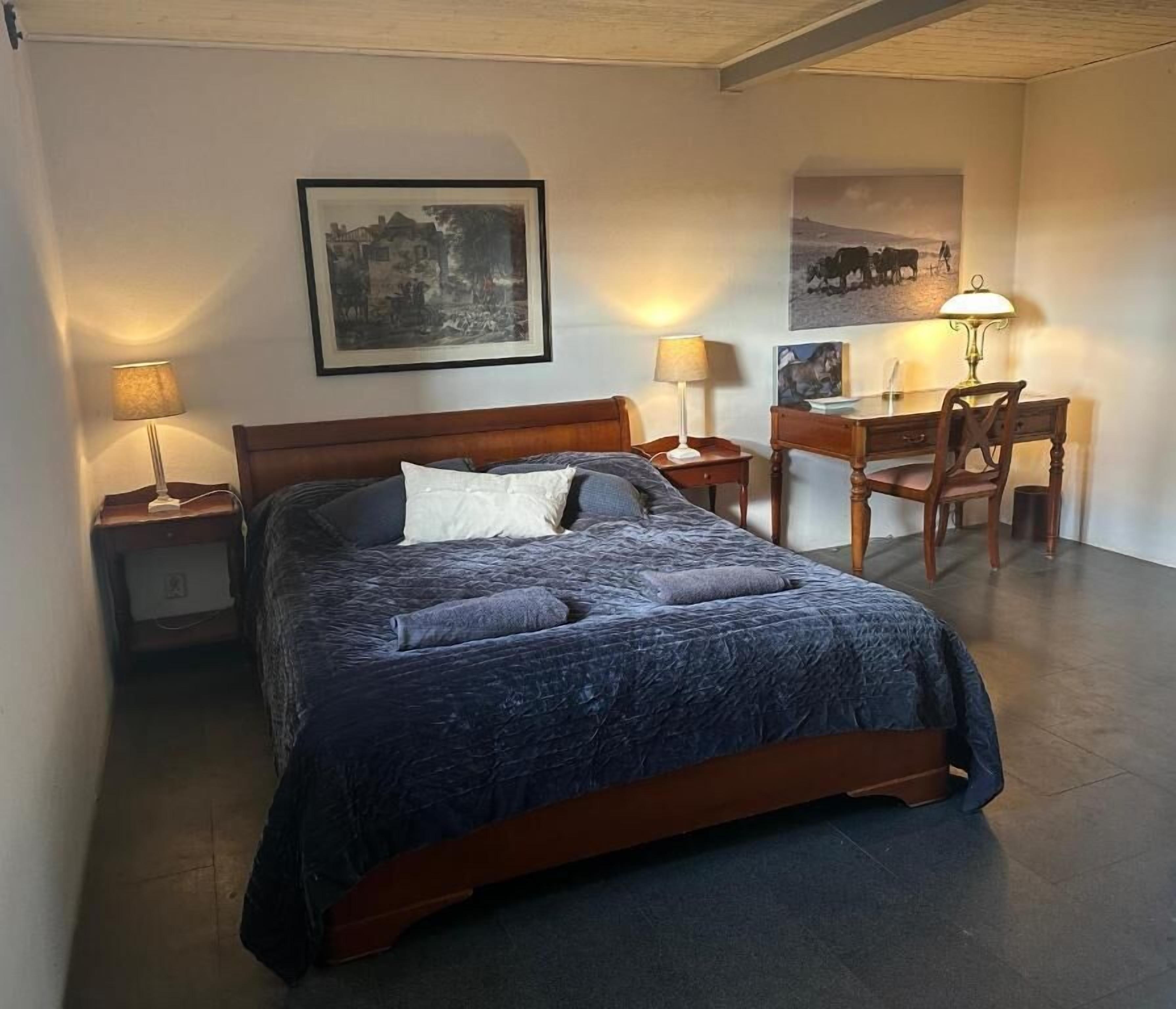 A bedroom with a bed, bedside tables, a desk, and chairs.