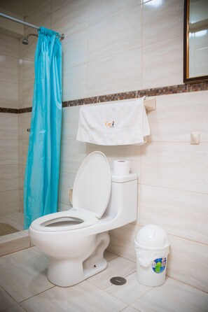 Combined shower/bathtub, rainfall showerhead, free toiletries, towels