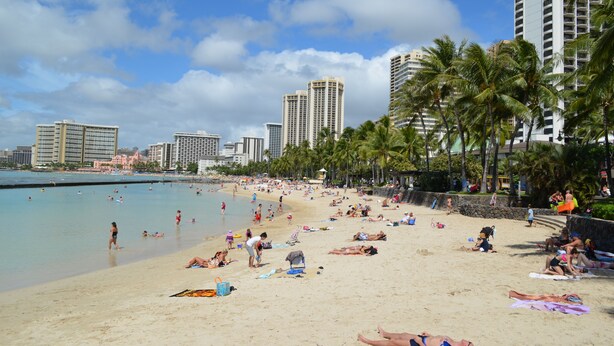 Una playa con palmeras, gente tomando el sol y edificios altos al fondo.