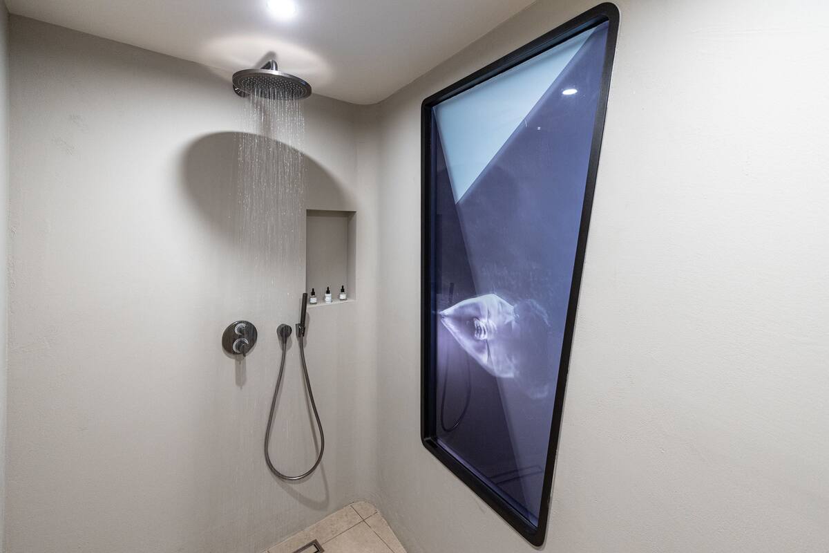 A shower with a rain showerhead, a handheld showerhead, and a wall-mounted control panel.