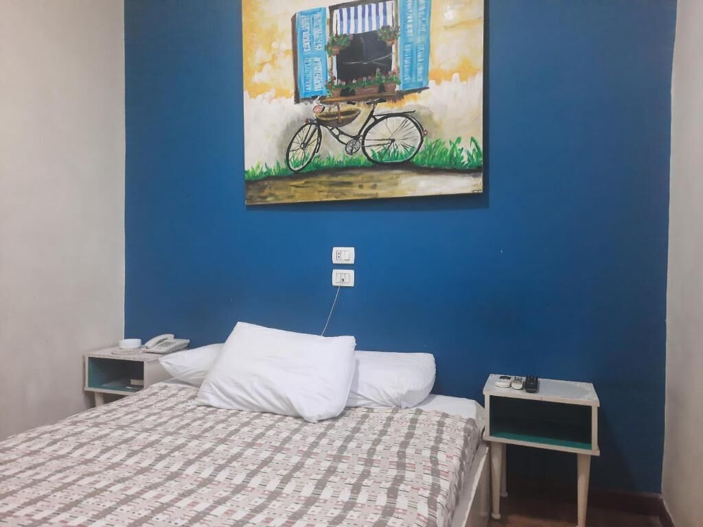 Una camera da letto con un letto, un comodino, un telefono fissato alla parete e un quadro che raffigura una bicicletta.
