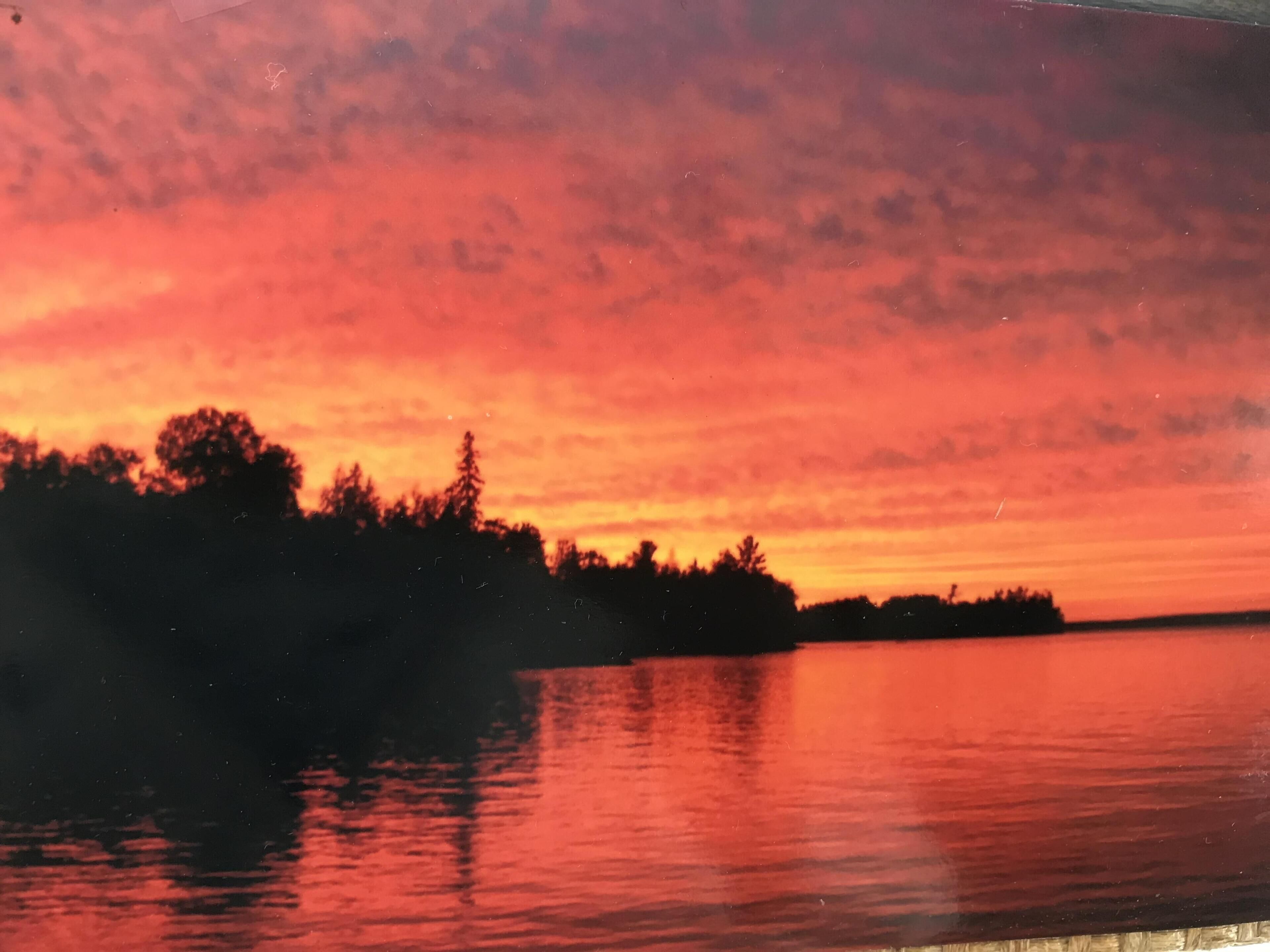 Een zonsondergang boven stilstaand water, met silhouetten van bomen en een verre kustlijn.