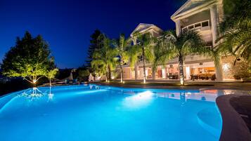 Seasonal outdoor pool, pool umbrellas, pool loungers