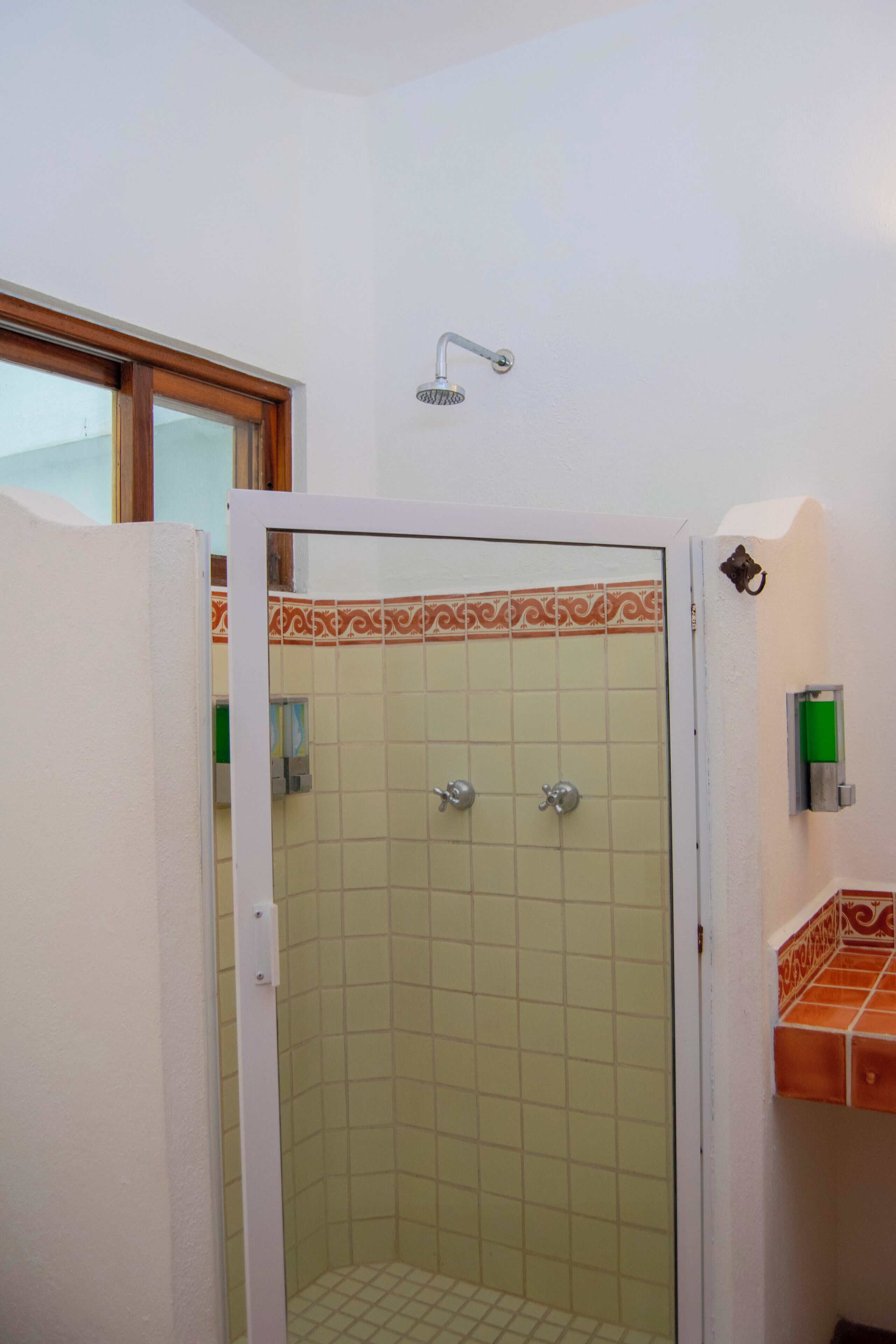 A shower with a glass door, a window above, and a tiled wall with a decorative border.