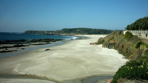 A coastal landscape with a sandy beach, a rocky shoreline, and a cliff with vegetation. - Apartamentos Mirador de Ons for 2 people (Sanxenxo)
