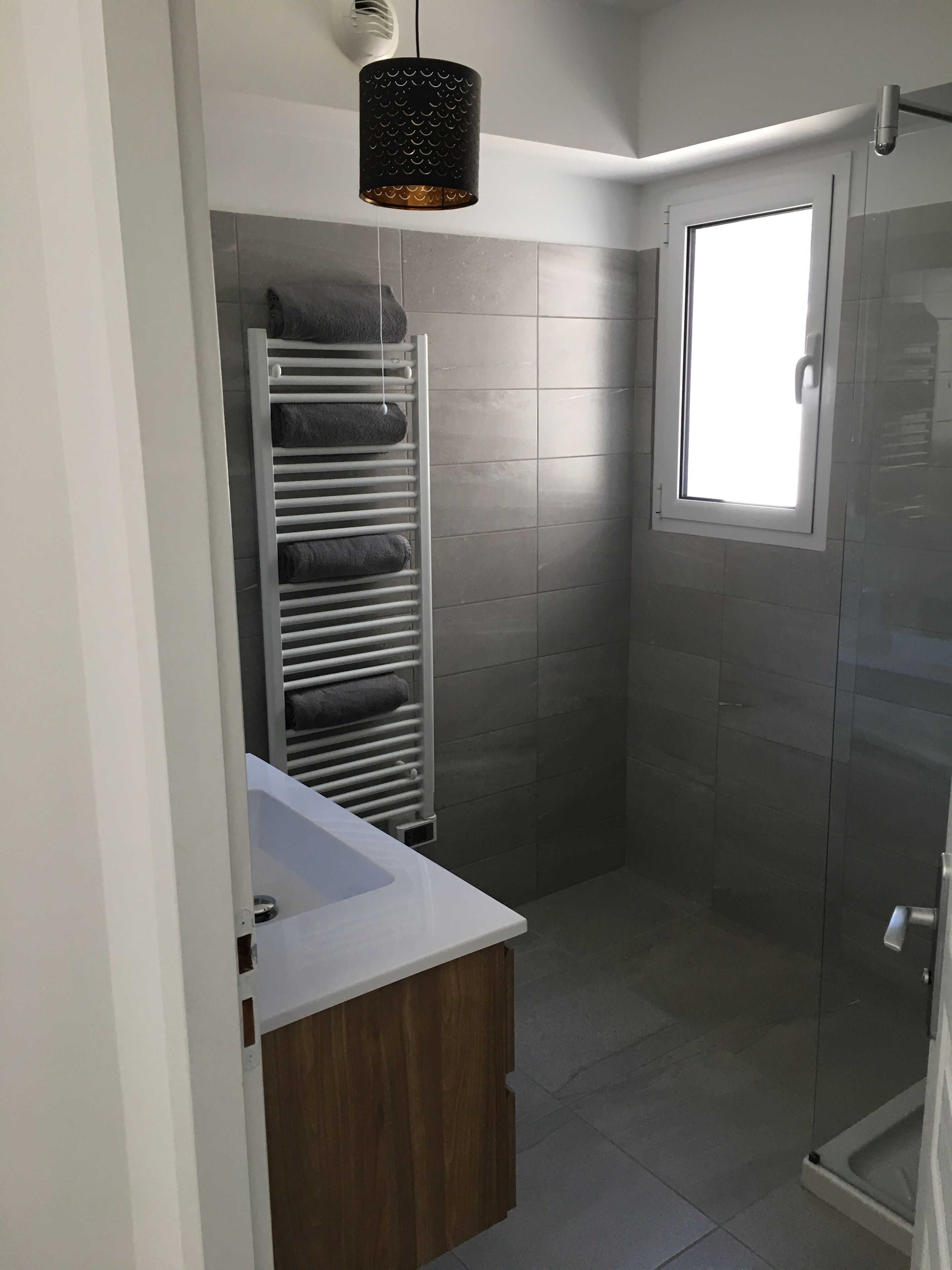Hair dryer, towels, soap, shampoo