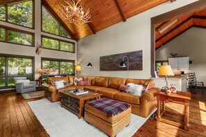 Flat-screen TV, fireplace, DVD player, books