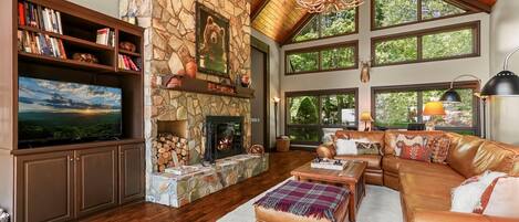 Flachbildfernseher, Kamin, DVD-Player, Bücher