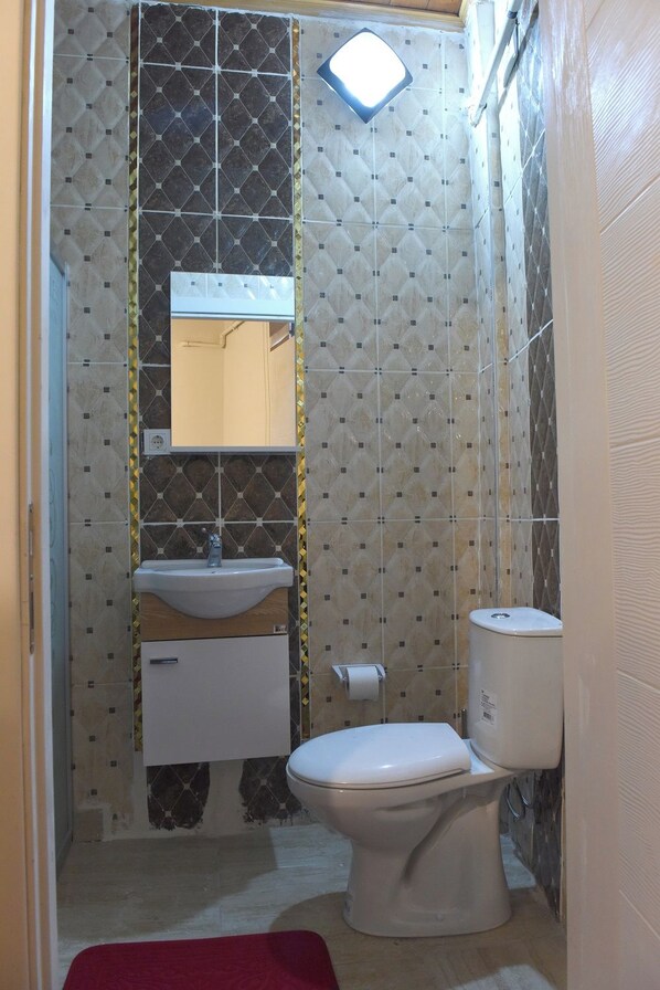 Une petite salle de bain avec des toilettes, un lavabo et un miroir.