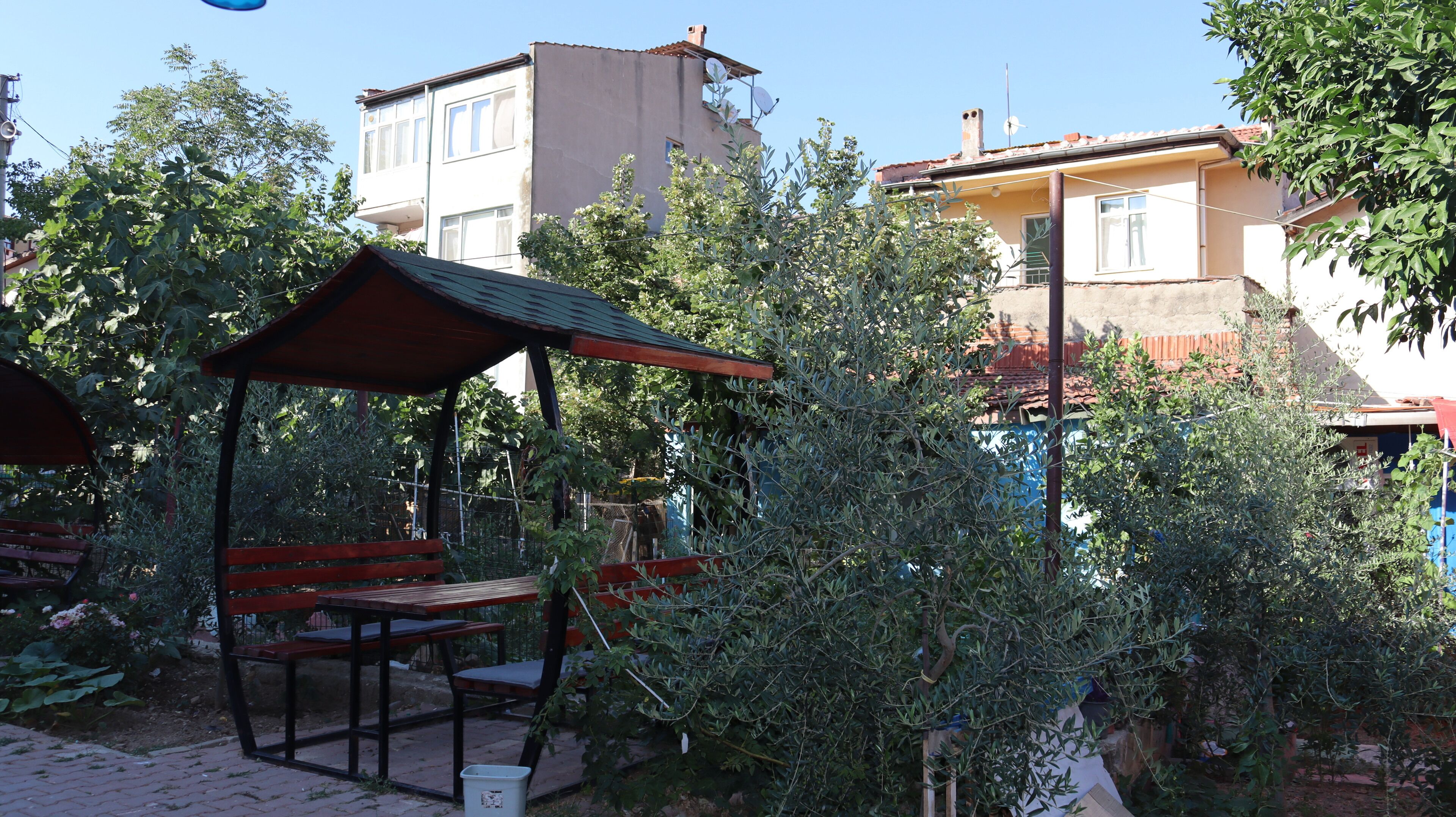 A covered outdoor seating area with benches and a table, surrounded by trees and buildings.