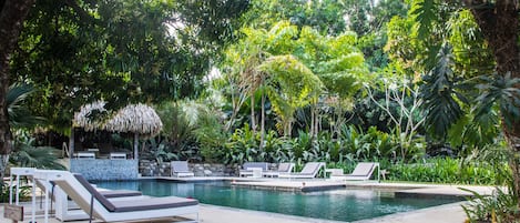 Una piscina al aire libre, sillones reclinables de piscina