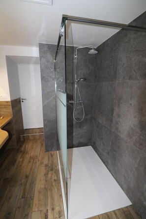 Bathtub, hair dryer, towels, toilet paper