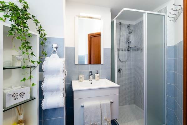 Een douche, een haardroger, een bidet, handdoeken