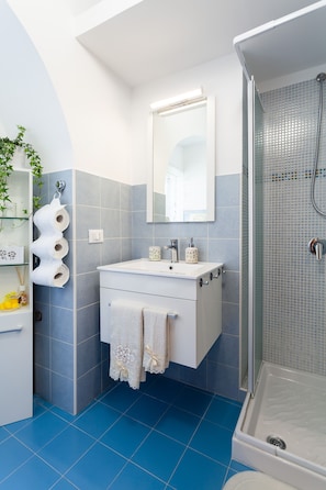 Een douche, een haardroger, een bidet, handdoeken