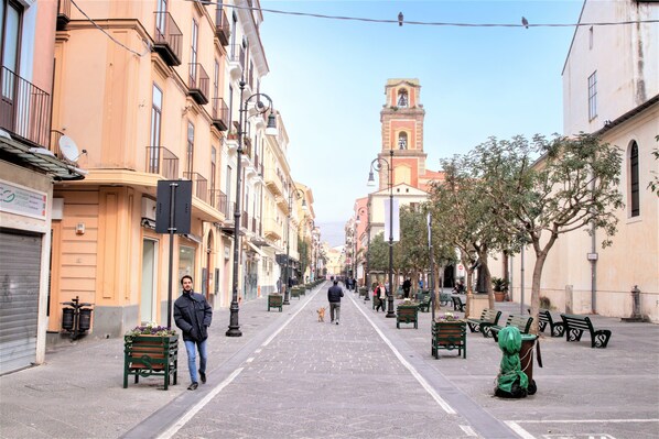 A street lined with buildings, a dog walking, and a person standing. - DORIS HOUSE SORRENTO (Sorrento)