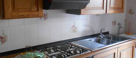 Fridge, microwave, stovetop, cookware/dishes/utensils