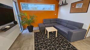 A modern living room with a gray sectional sofa, a small wooden table, a black and white patterned rug, a potted plant, and a large window with a view of trees.