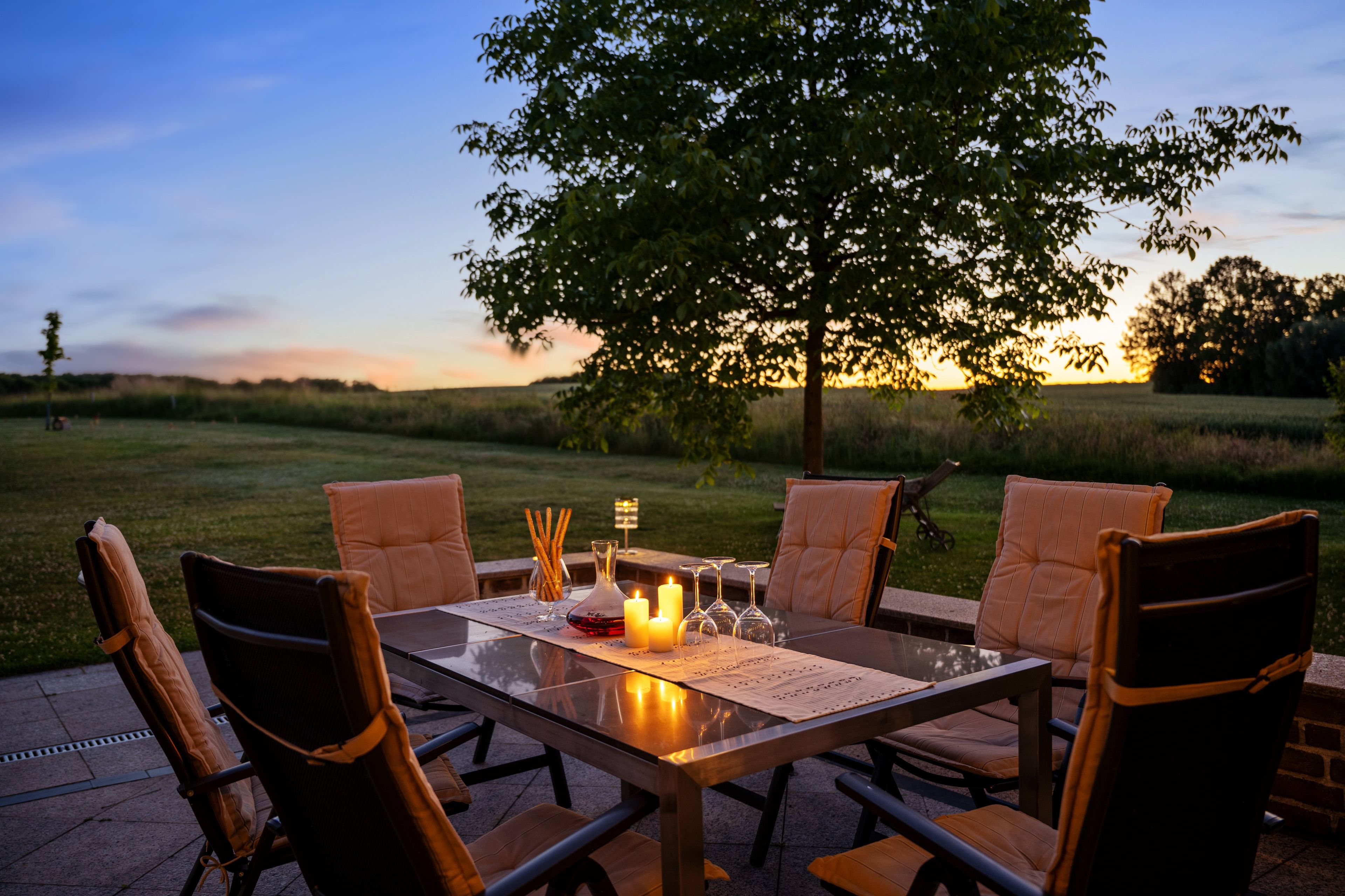 Un espace extérieur aménagé pour prendre les repas, avec une table et des chaises, entouré d’un champ herbeux et d’un arbre.