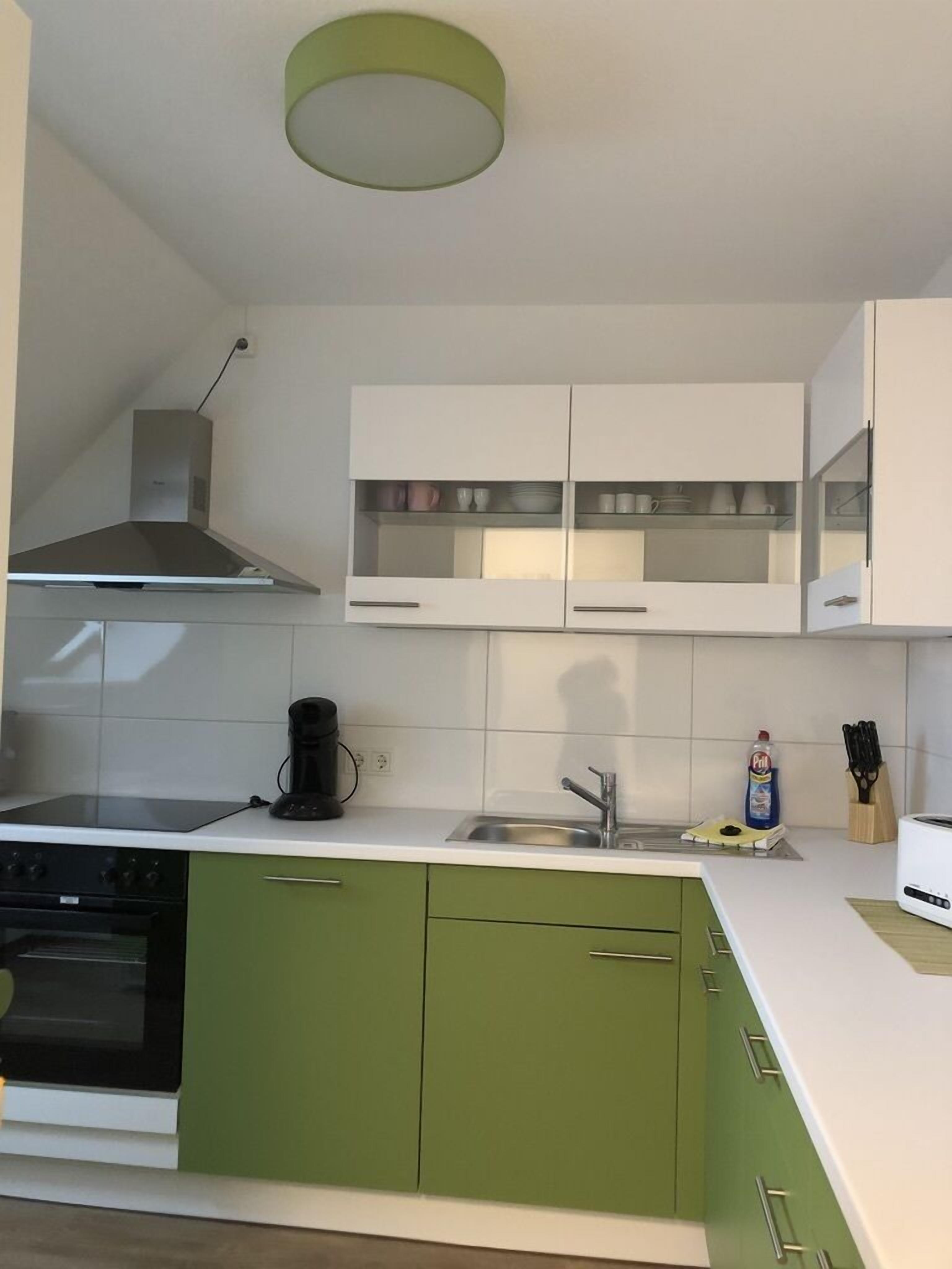 Una cocina moderna con armarios verdes, una estufa negra, una cafetera y un lavamanos.