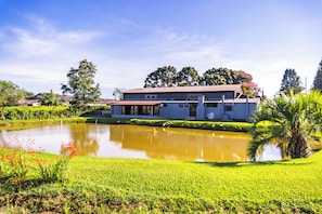 Ein modernes Haus mit Teich, umgeben von viel Grün und Bäumen.