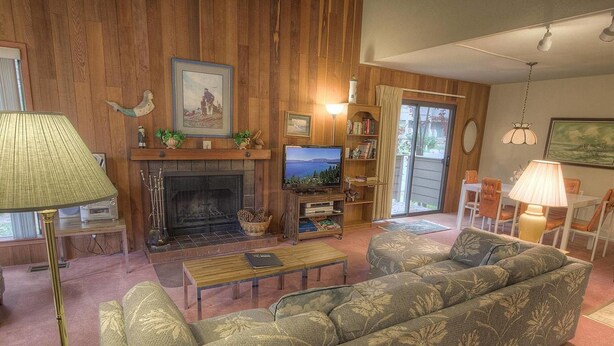 House, Multiple Beds, Private Pool, Pool View | Living area | TV, fireplace - Sparrows Nest (Incline Village)
