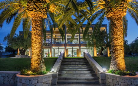 A modern building with a staircase leading to the entrance, surrounded by palm trees and stone walls.