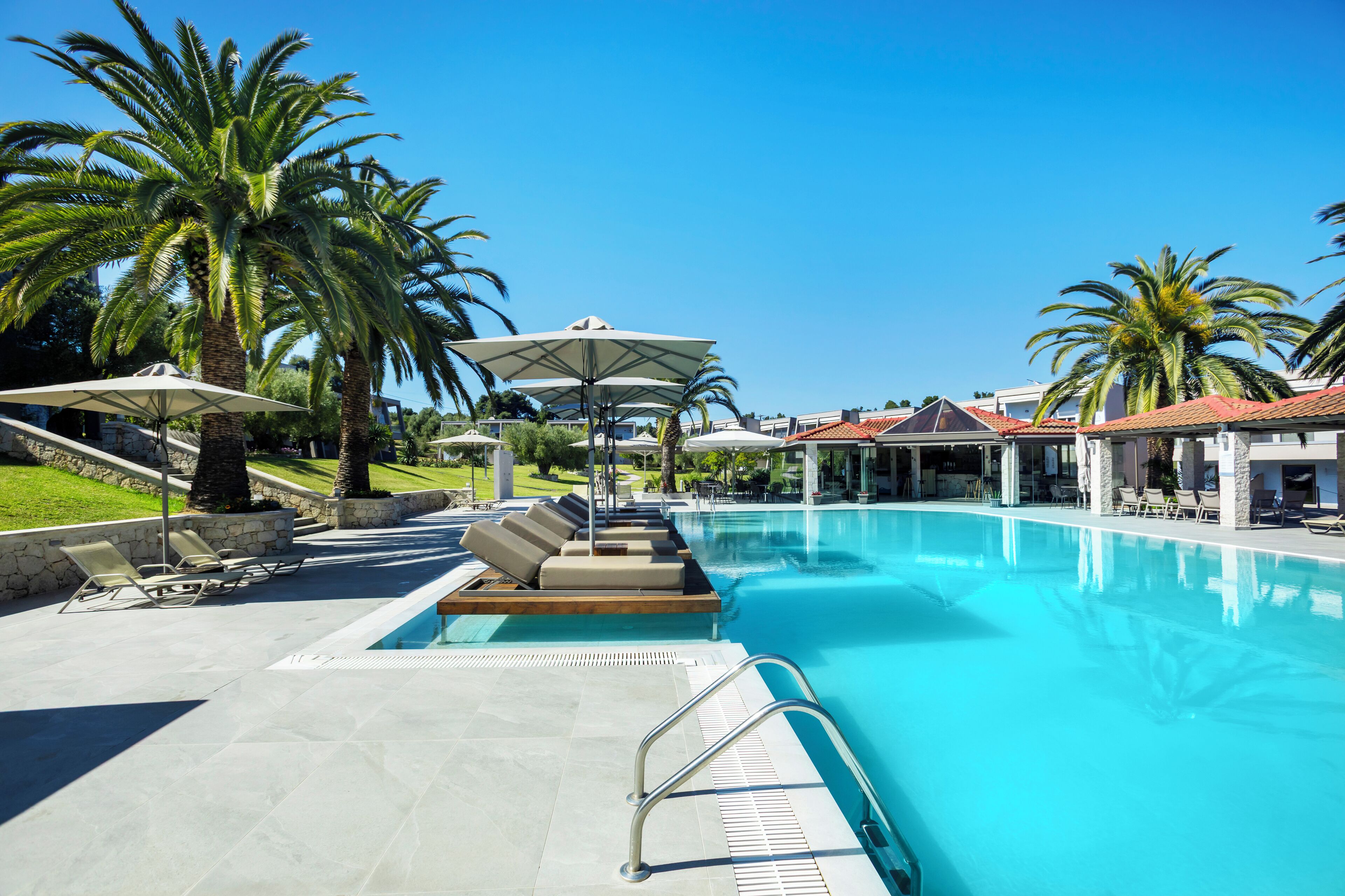 Un área de piscina con sillones reclinables y sombrillas, rodeada de palmeras y un cielo azul despejado.