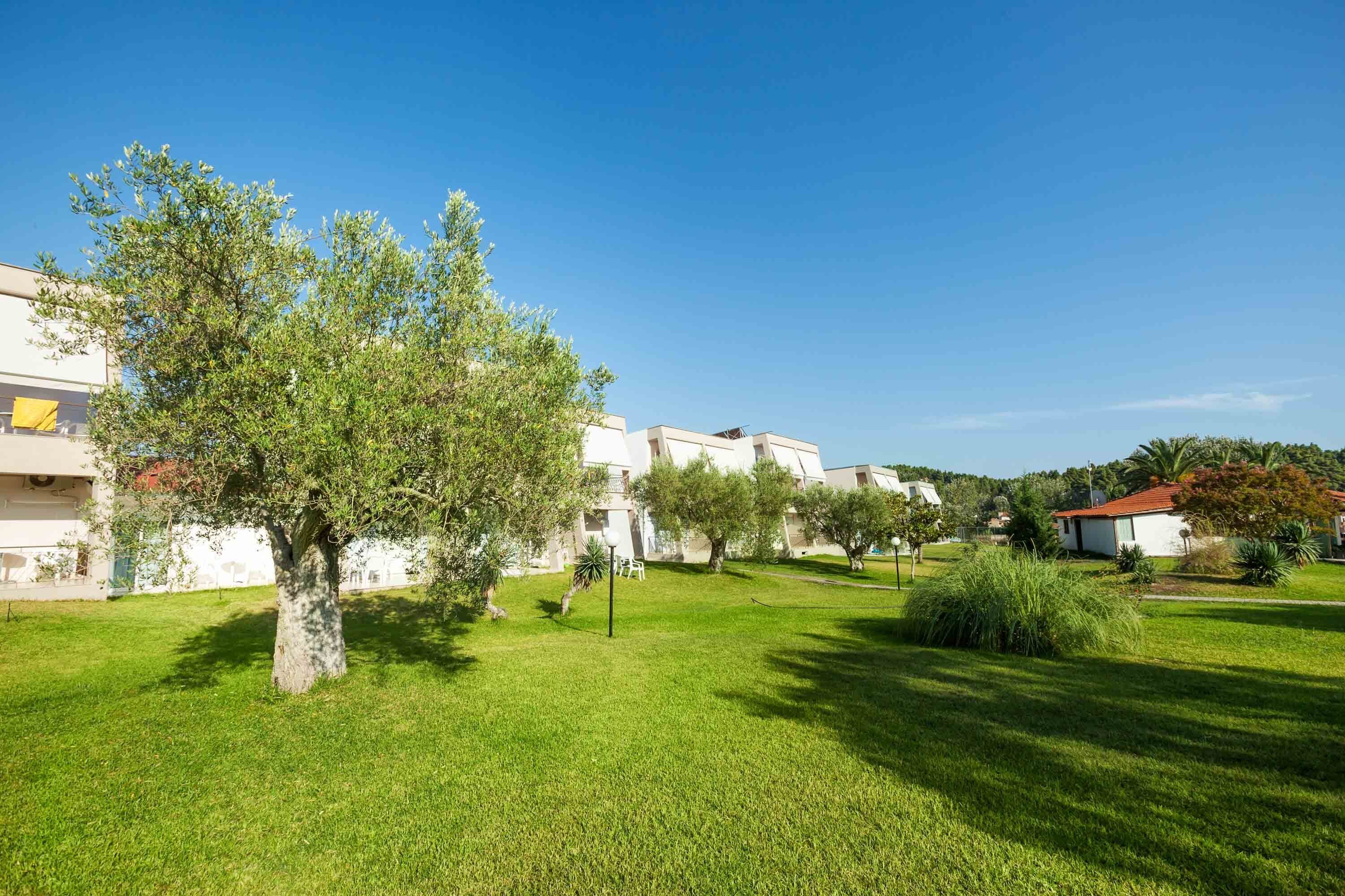 A residential area with white buildings, green lawns, and trees.