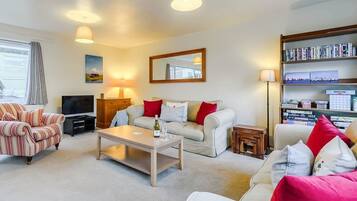 TV, fireplace, DVD player, books