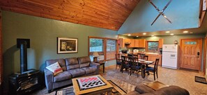 Televisión, chimenea, reproductor de DVD y libros 