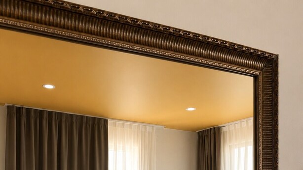 A hotel room with a large mirror, two beds, a nightstand with a lamp, and a window with curtains. - Hotel Lime Bozcaada (Bozcaada)