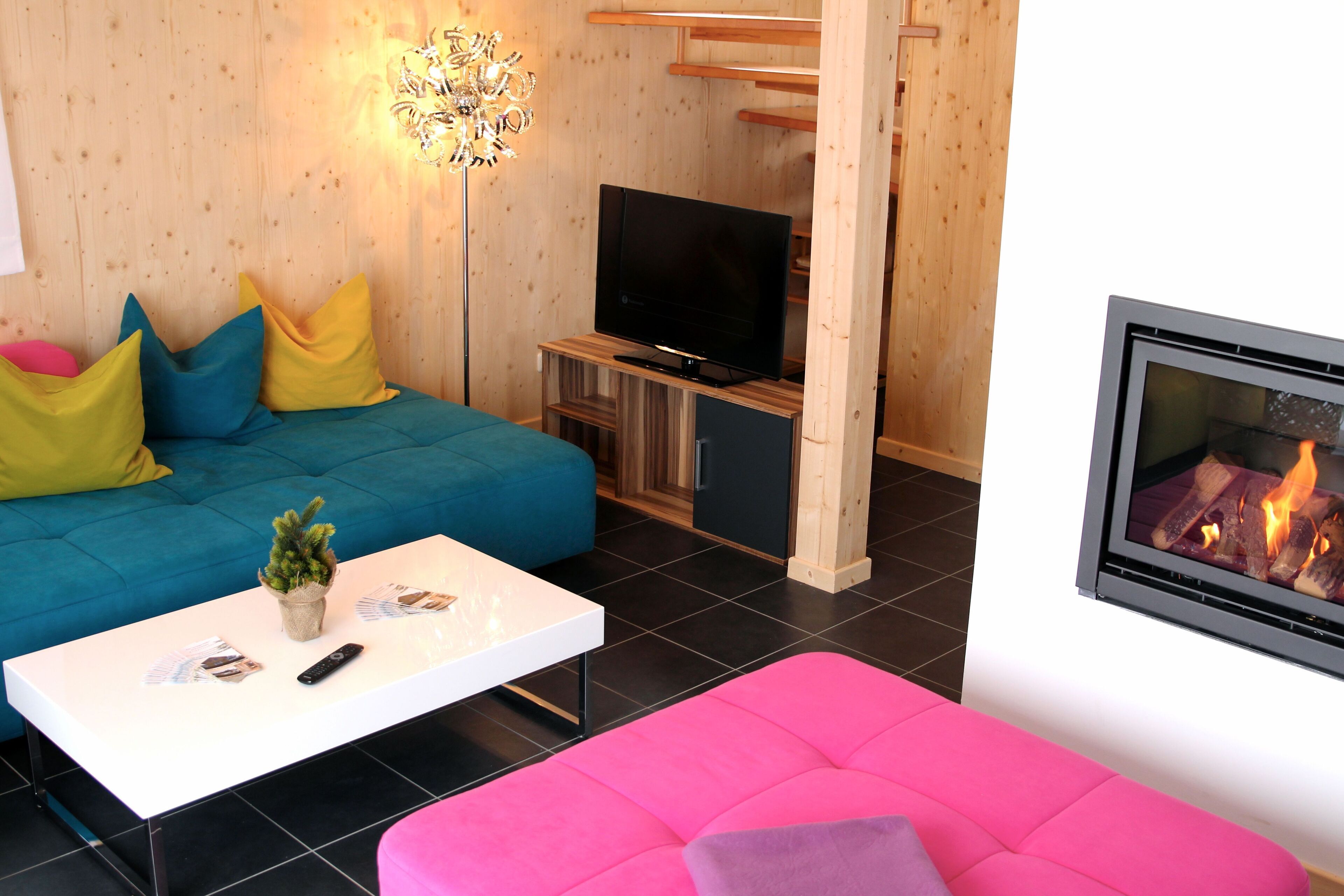 Fernseher, Kamin, DVD-Player, Bücher