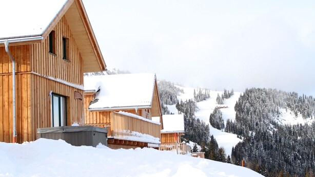 A wooden chalet with a sloped roof, surrounded by snow-covered trees and a mountain backdrop.