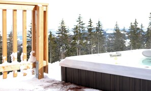 Relax in a serene hot tub surrounded by a dense forest of evergreen trees.
