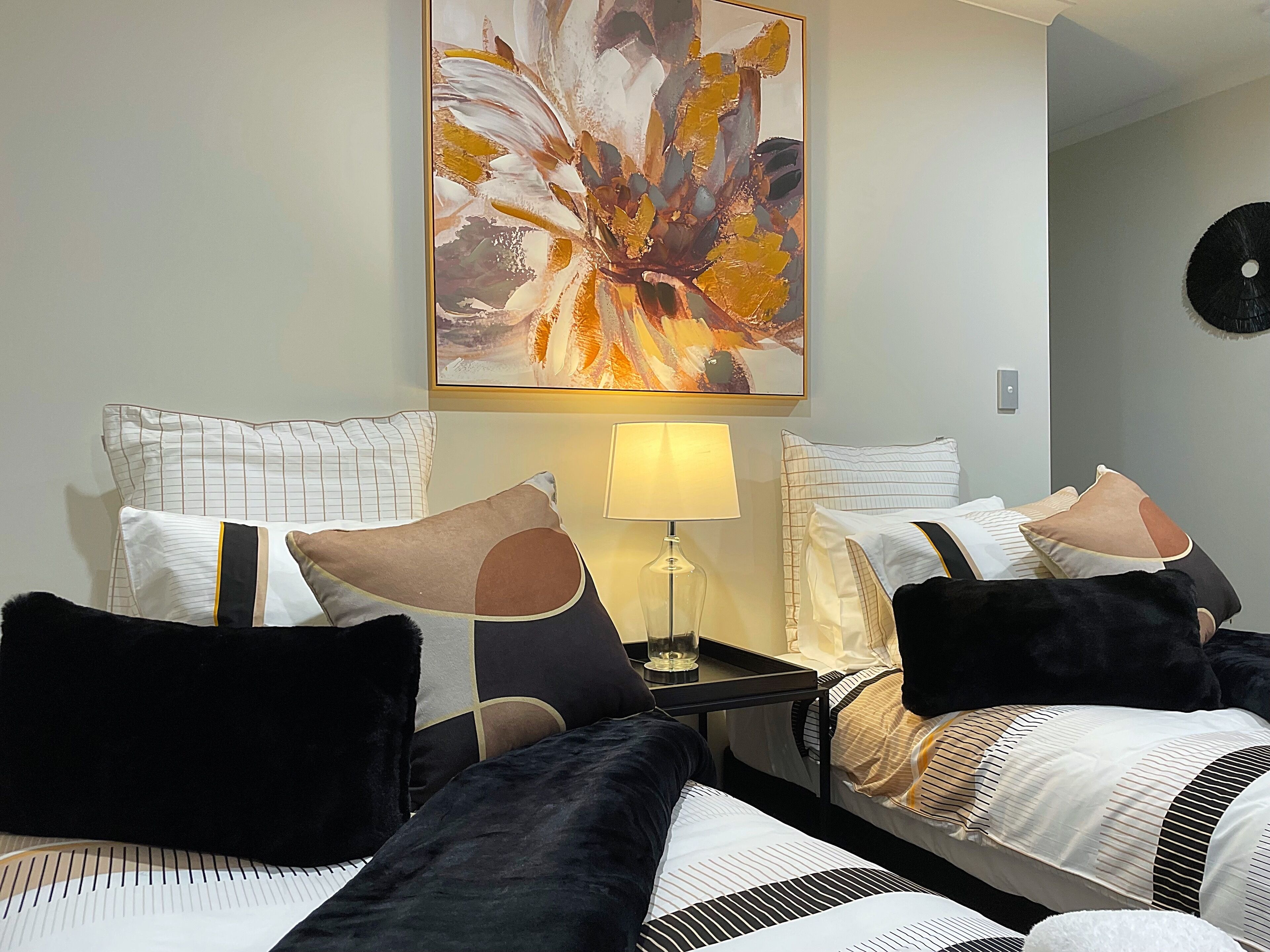 Premium bedding, individually decorated, desk, laptop workspace