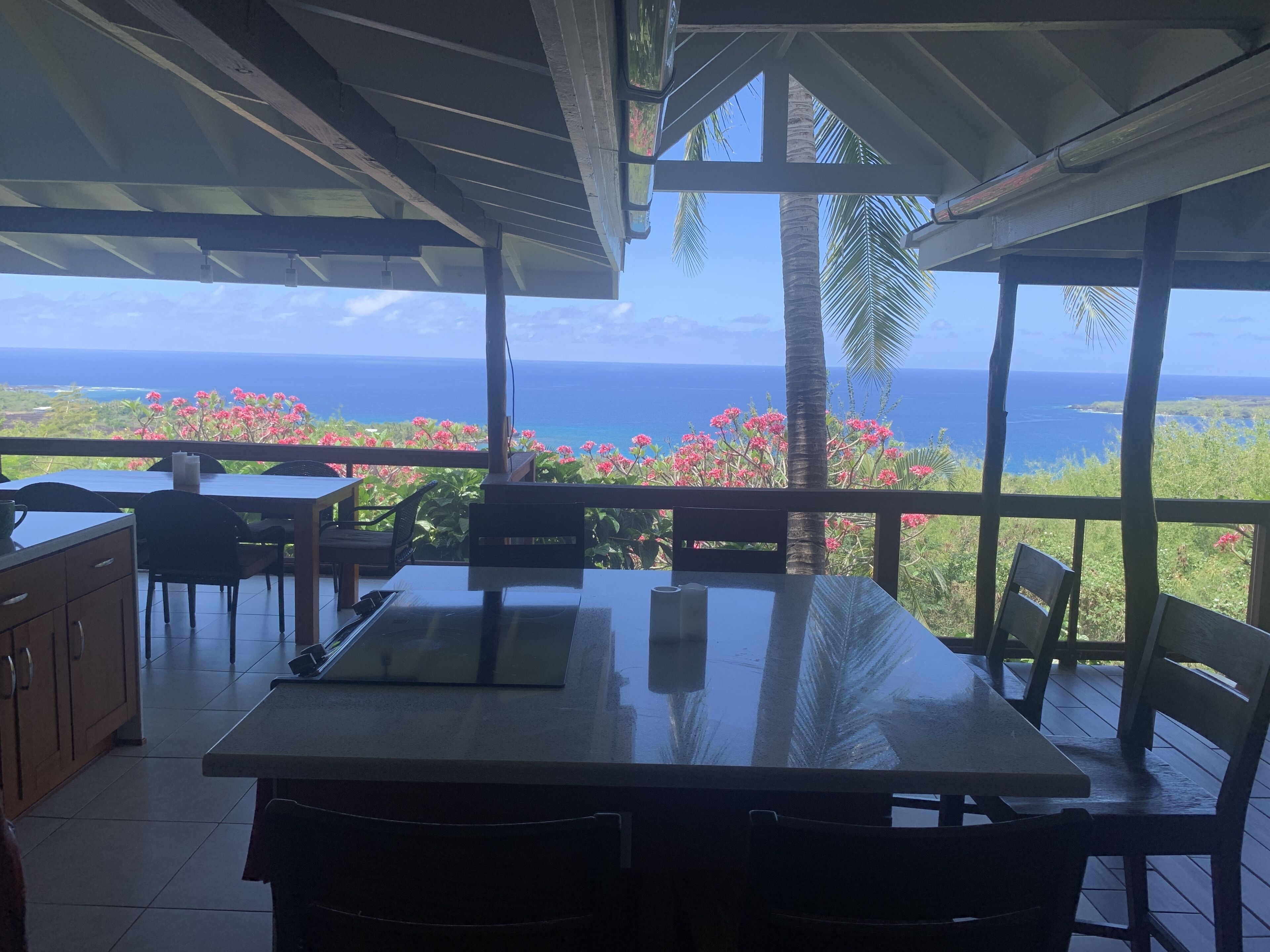 A covered outdoor dining area with a view of the ocean and pink flowers.