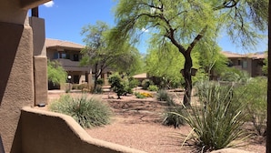 A courtyard with a view of a building with a tiled roof, surrounded by various plants and trees. - STEPS From the Pool! Relax in your Comfy Pool-side Condo! (Oro Valley)