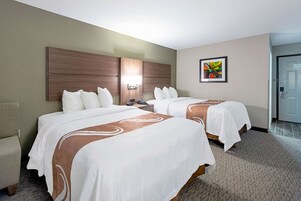 Habitación de hotel con dos camas, cabecera, mesita de noche, una silla y una puerta.