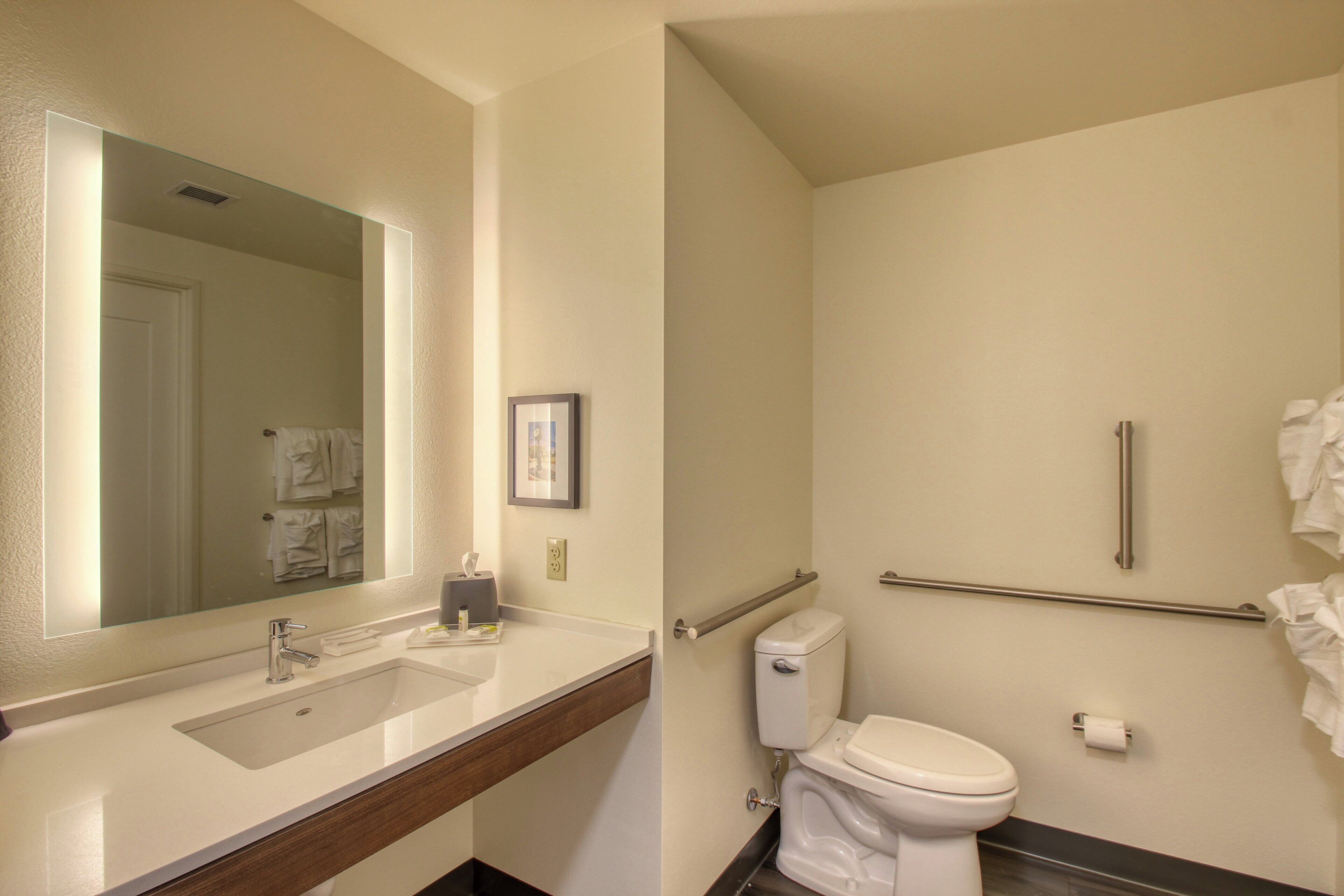 A bathroom with a sink, mirror, toilet, and handrails.