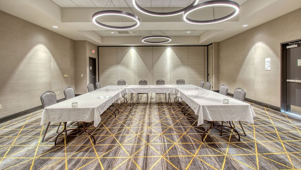 A conference room with a long table, multiple chairs, and modern circular ceiling lights. - Holiday Inn Appleton by IHG (Appleton)
