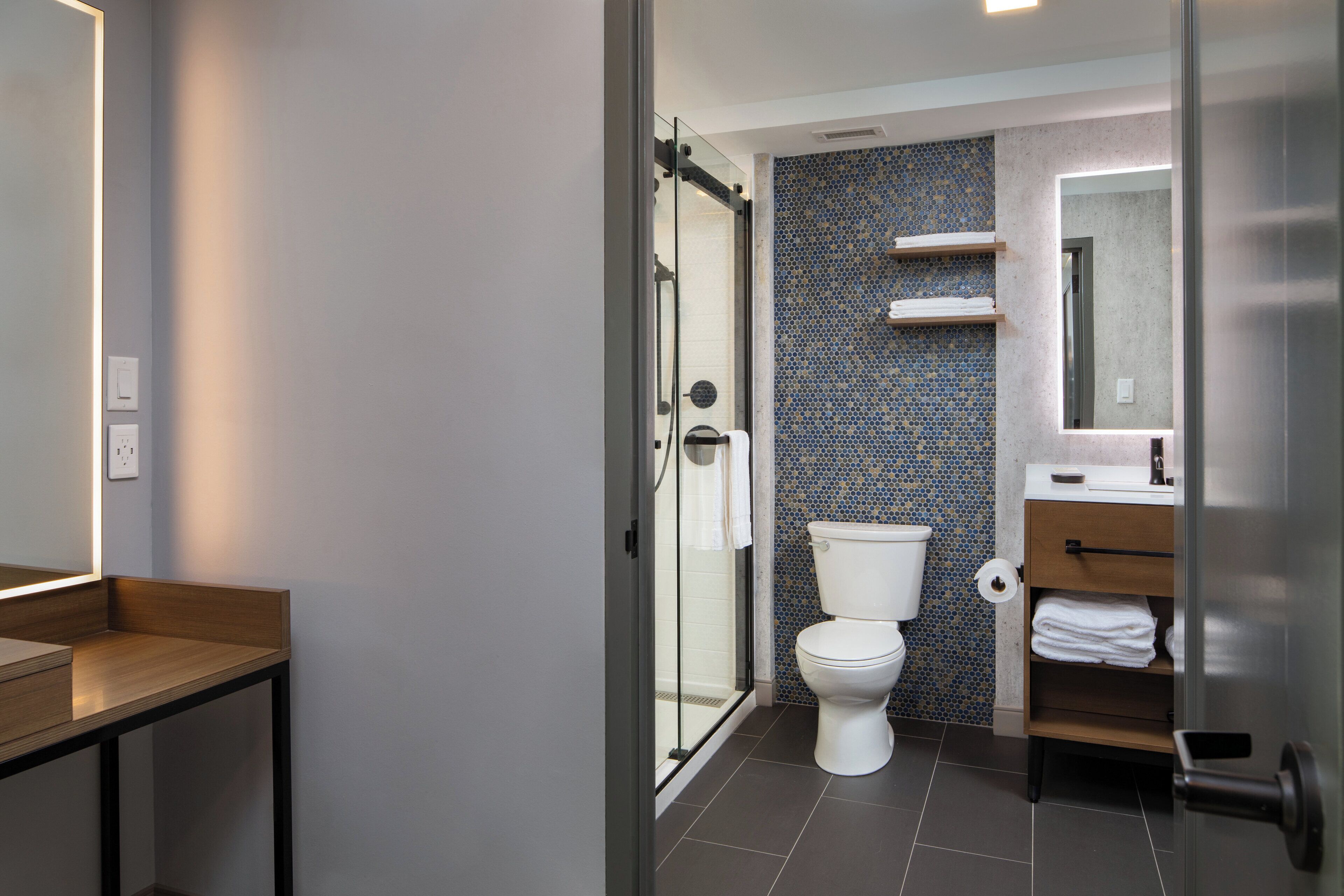 A modern bathroom with a glass shower enclosure, a toilet, and a vanity with a mirror.