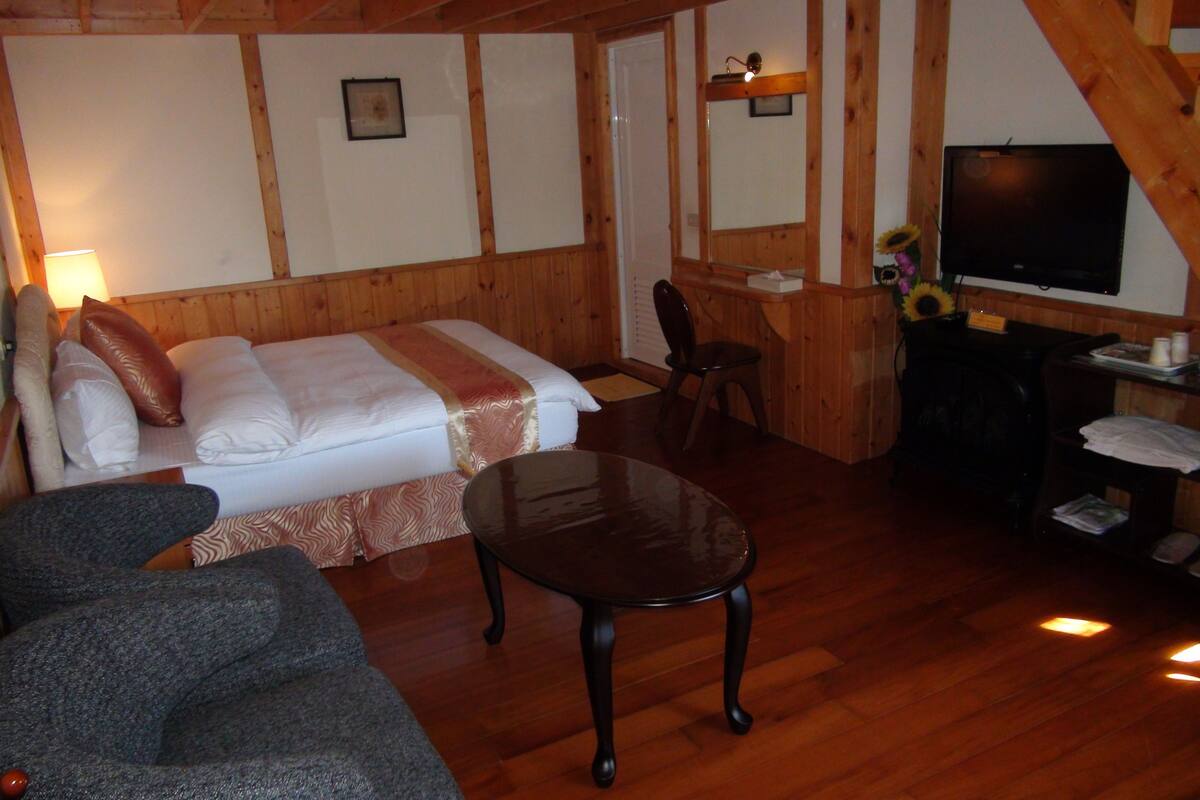 A cozy room with a bed, a sofa, a dining table, and a TV.