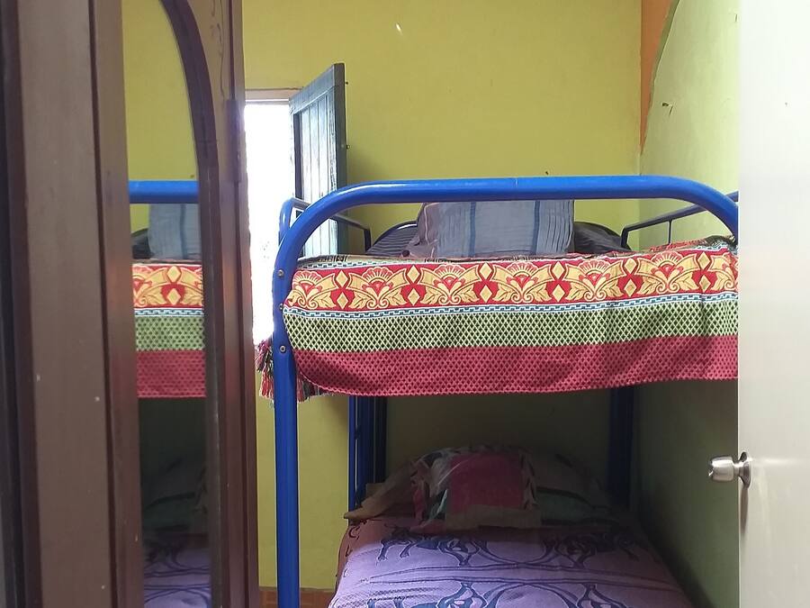 Una habitación con literas, una puerta de madera y una pared verde.