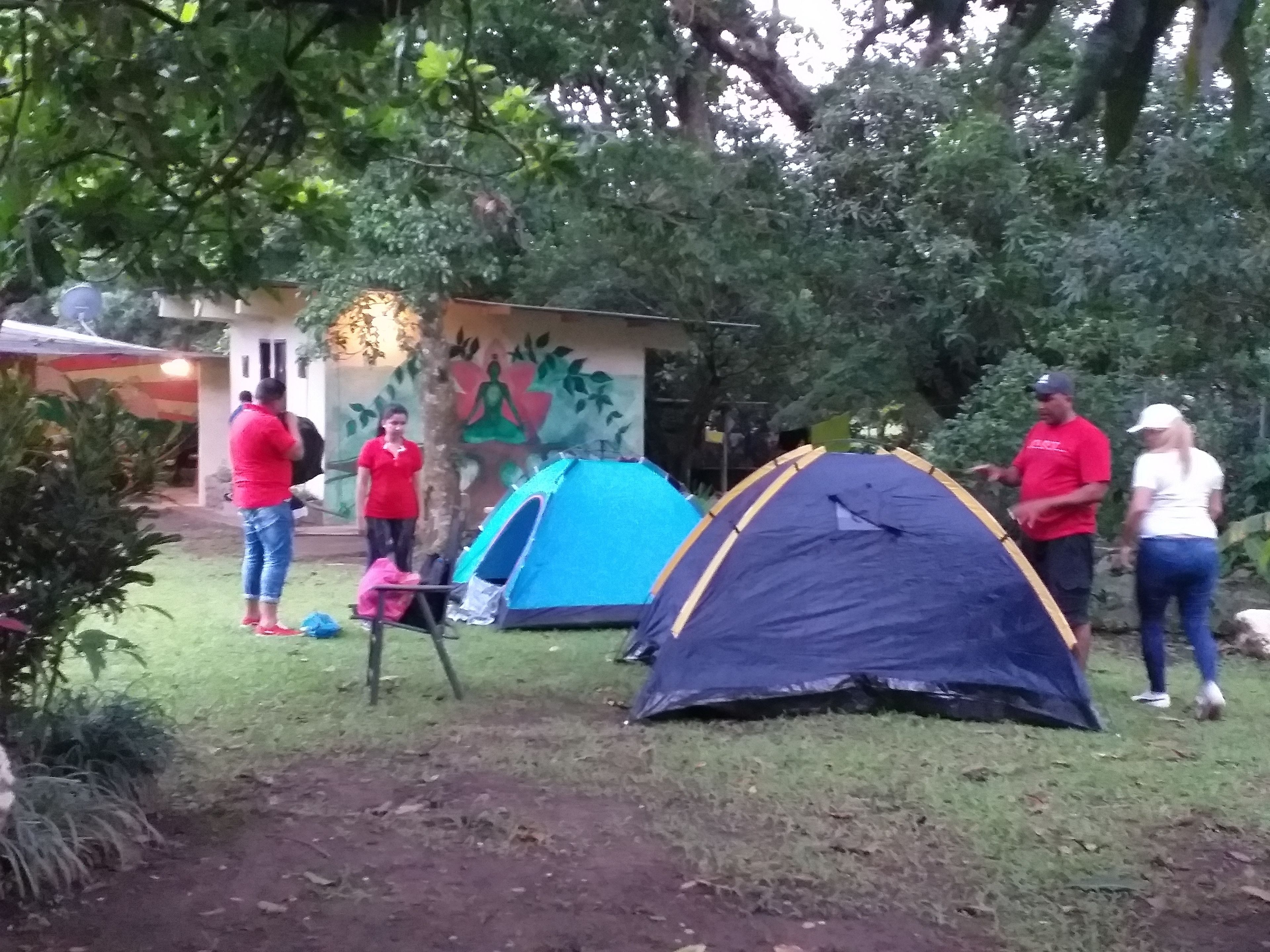 A group of people near tents in a garden with a mural and a building in the background.