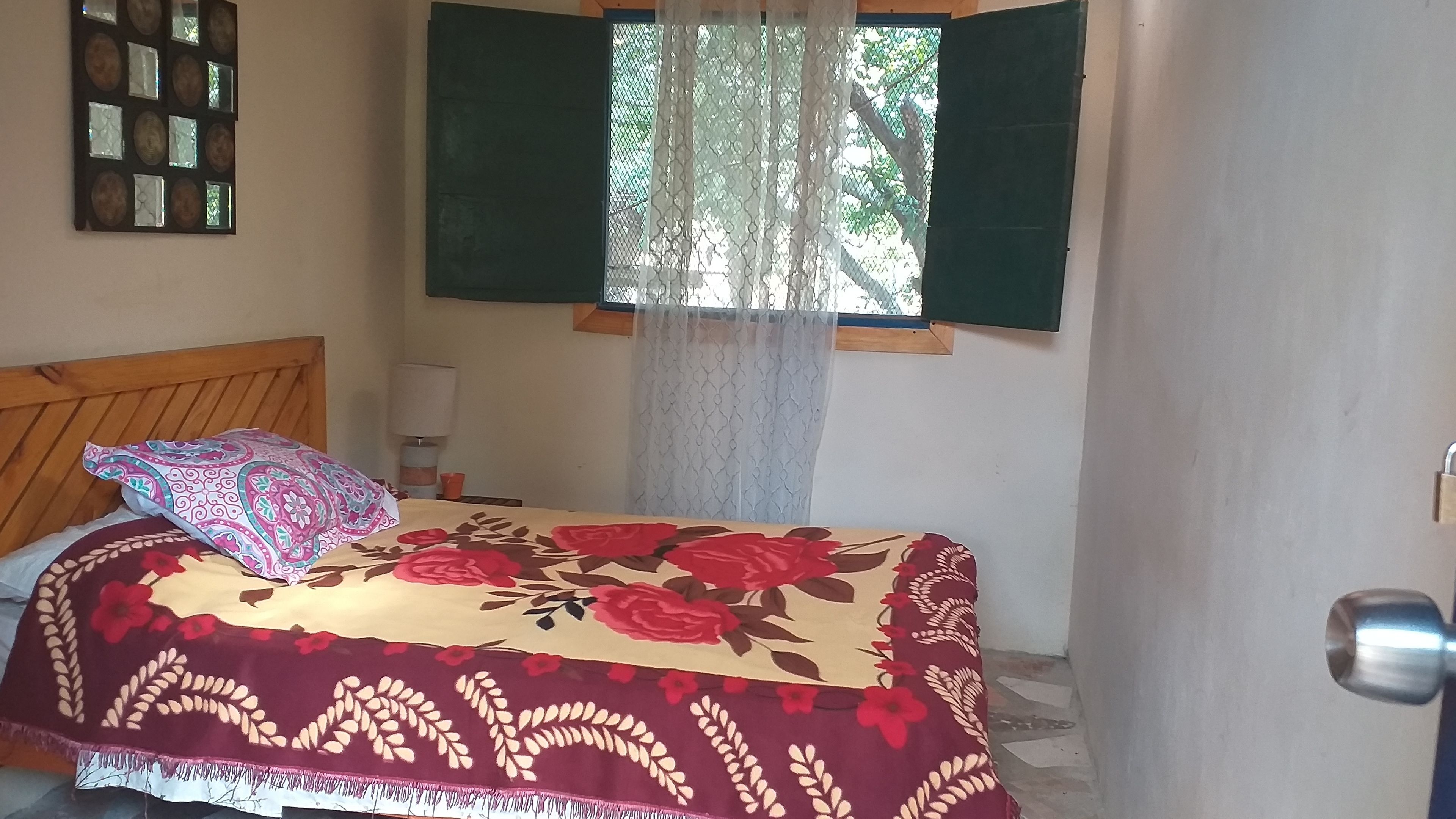 A bed with a floral bedspread, a wooden headboard, a bedside lamp, and a window with a green blind.